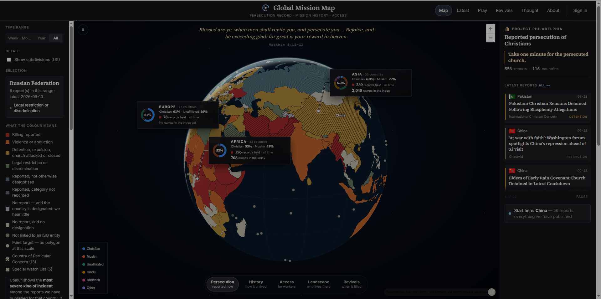 Persecution: the colour is the most severe kind of incident among the reports held for each country - not a risk score, not a count of victims, and the two greys keep silence and absence apart