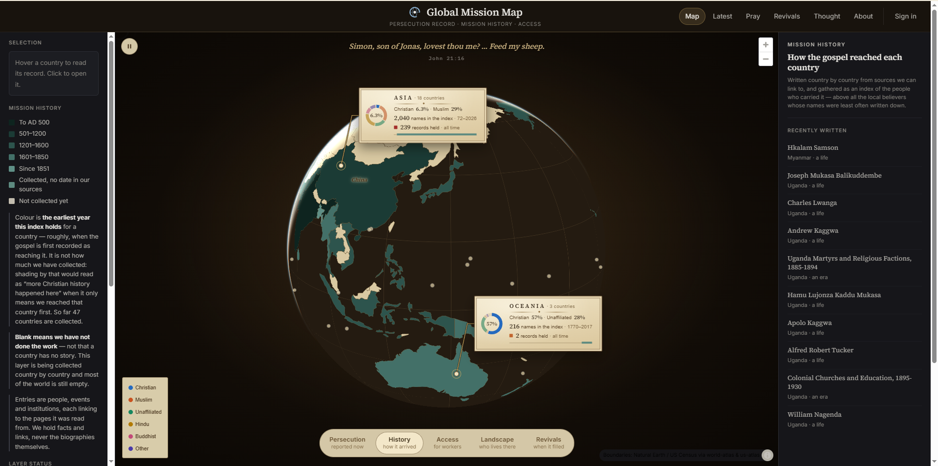 The same globe read as history: the earliest year the index holds for each country. Blank means the work has not been done there, not that the country has no story